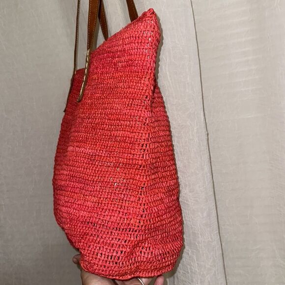 Mar Y Sol Coral Portland Crocheted Raffia Carryall Tote Genuine Leather Handle - Picture 6 of 10
